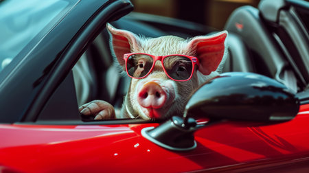 Portrait of a cute little pig in red glasses sitting in the carの素材