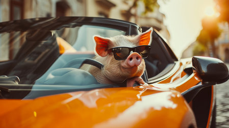 Cute little piglet in sunglasses sits in an orange convertible carの素材