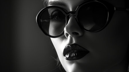 Close-up portrait of a beautiful woman with black lips and sunglassesの素材