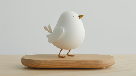 Cute white chicken on a wooden stand, isolated on white backgroundの素材