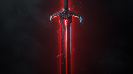 Samurai sword with red light on black backgroundの素材