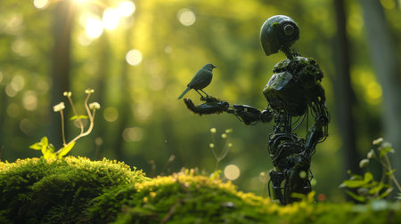 A bird on a robot arm in a forest with sunlight and green mossの素材