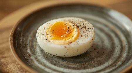 A hard-boiled egg on a plate, sprinkled with pepperの素材