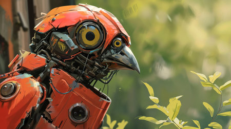 Robot bird toy in the park, retro style, vintage tonesの素材