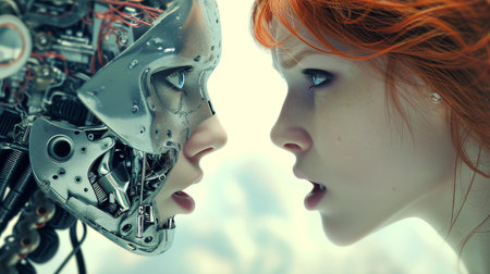 Close-up portrait of a red-haired girl looking at the robot.の素材