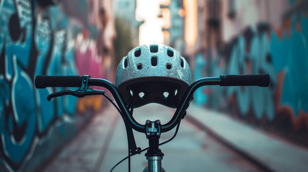 Bicycle with helmet in front of graffiti wall. Selective focusの素材