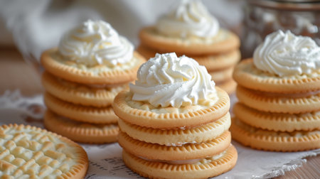 Sandwich cookies with whipped cream on a wooden background. Selective focusの素材