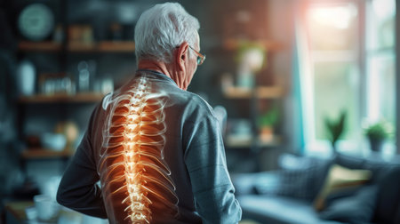 Senior man suffering from back pain at home. Health care and medical concept.の素材