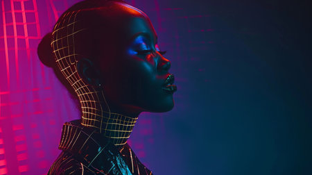 Portrait of a beautiful young African American woman in neon lightの素材