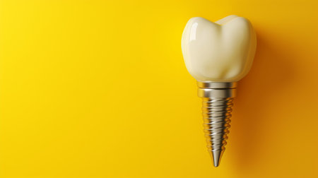Tooth implant on yellow background, top view. Dental care conceptの素材