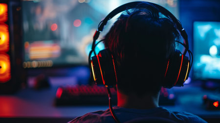 Teenage boy playing video games with headphones on a dark backgroundの素材