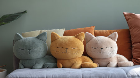 Comfortable soft pillows and cat toys on sofa in living roomの素材