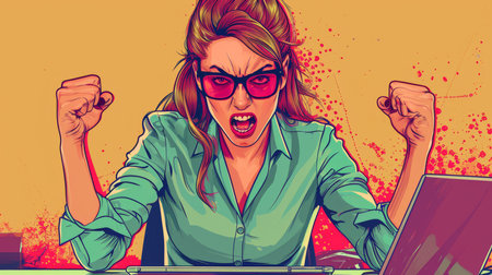Angry woman with laptop computer. Pop art retro comic illustrationの素材