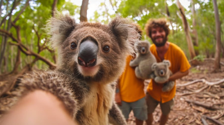 Couple of tourists taking a picture of koala in the jungleの素材