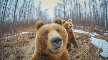 Brown bear with cubs in winter forest taking selfiesの素材