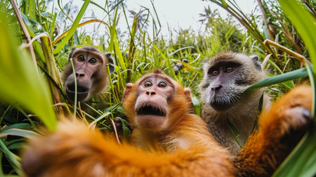Frightened monkeys in the jungle in thick grassの素材