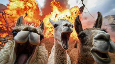 Group of llamas fighting with a fireの素材