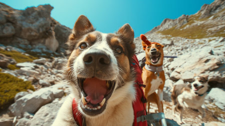 Portrait of a dog with a backpack on the background of mountainsの素材