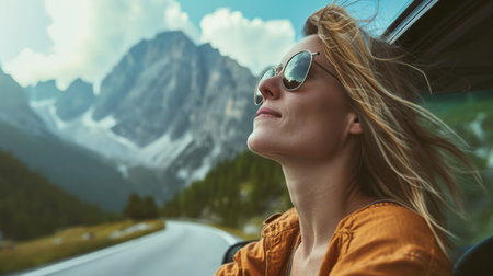 Portrait of a young woman in sunglasses on the background of mountainsの素材