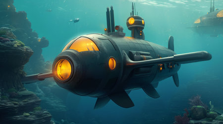 Submarine glows in the deep blue seaの素材