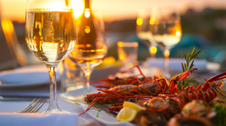 Lobsters served with white wine on a terrace at sunsetの素材
