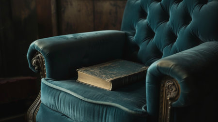 Old book on a turquoise armchair in a dark roomの素材