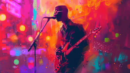 Guitar player in action on colorful background. Music concept.の素材