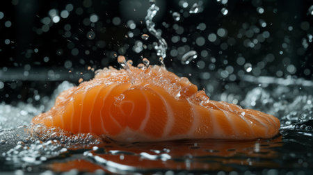 Fresh salmon slice with water splash on black background. Shallow depth of fieldの素材
