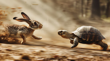 Rabbit and a turtle run at each other on a road in the woodsの素材
