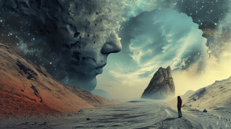 Fantasy landscape with a man in the shape of a human headの素材