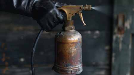 Hand in black glove holding a fire extinguisher. Close-up.の素材