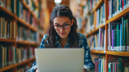 Portrait of a young female student using a laptop in a libraryの素材
