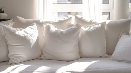 White pillows on the sofa in the living room. Interior designの素材