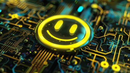 Close-up view of the electronic circuit board with a smiley faceの素材