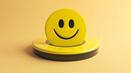 3d illustration of yellow smiley face on yellow button over yellow backgroundの素材