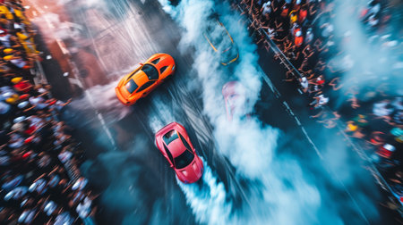 Red cars on the city street at nightの素材