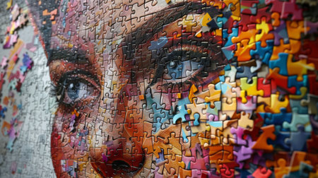 Portrait of a woman made of colorful puzzle pieces, close upの素材