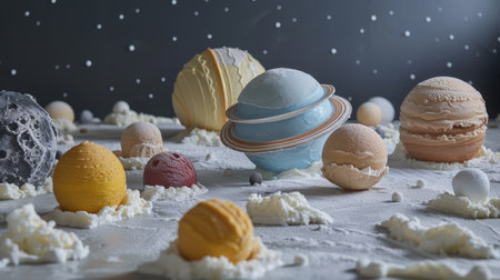 Creative depiction of the solar system made from various ice creams and dessertsの素材