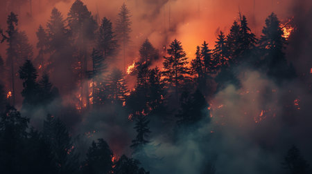 Forest fire in the mountains. Fire in the forest at sunsetの素材