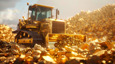 Bulldozer working in a pile of gold nuggets at sunsetの素材