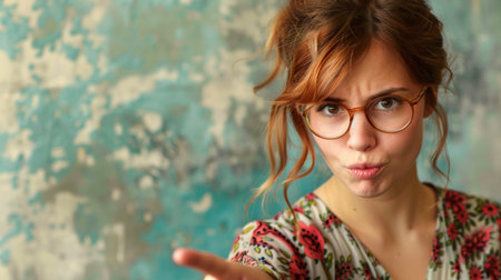 Portrait of a pretty young woman in glasses on a grunge backgroundの素材