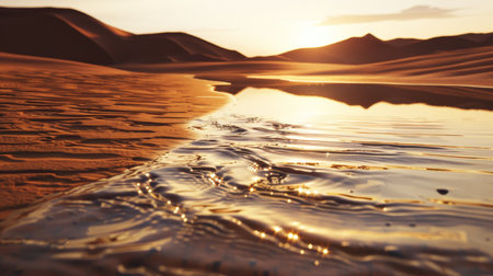 Serene sunset over a tranquil desert oasis with golden sand dunes and reflective water surfaceの素材