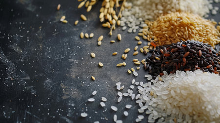 Different types of rice on a black background. Rice grains, uncooked riceの素材