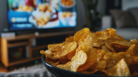 Crispy potato chips in a bowl and TV on the backgroundの素材