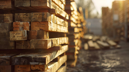 Wooden pallets stacked in a warehouse on a sunny dayの素材