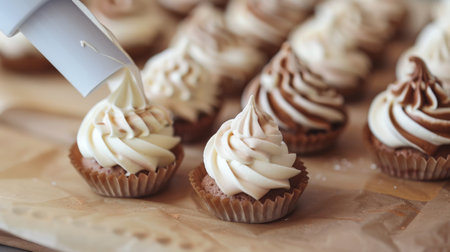 Chocolate cupcakes with whipped cream on parchment paper, selective focusの素材
