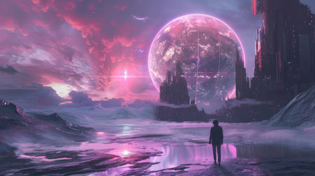 Fantasy alien planet and man. Fantasy world.の素材