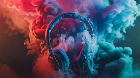 Music concept. Headphones and colorful smoke on a dark background.の素材