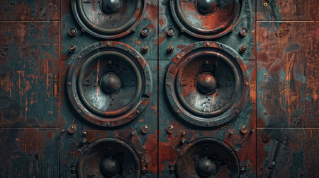 Old metal loudspeakers on the wall of an abandoned factory buildingの素材