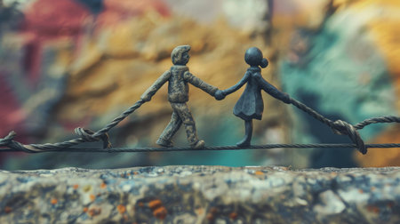 Two figures of man and woman standing on a rope. The concept of friendshipの素材